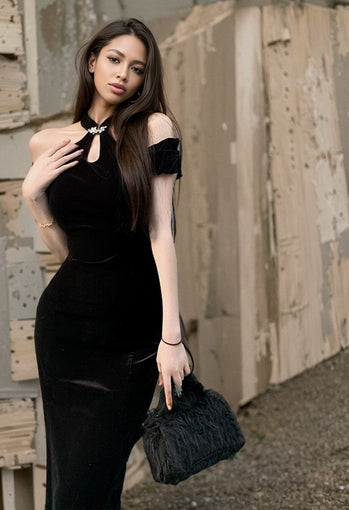 Young Style Maiden Sexy Black Halter Summer Cheongsam