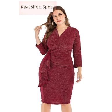 European and American-Style Slim-Fit Slimming and Fashionable-Sleeve Midi Dress for Plump Girls