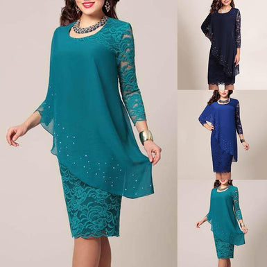 Plus Size Solid Color Women Double Layer 3/4 Sleeve Round Neck Bodycon Midi Dress