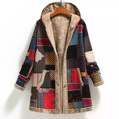 Winter Vintage Women Coat Warm Printing Thick Fleece Hooded Long Jacket with Pocket Ladies Outwear Loose Coat for Women