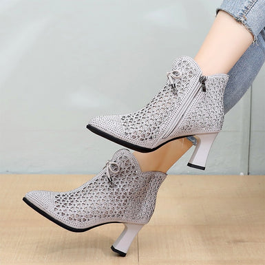 Summer Microfiber Rhinestone Bow Hollow Ankle Boots Fashion Elegant Women High Heel Sandals