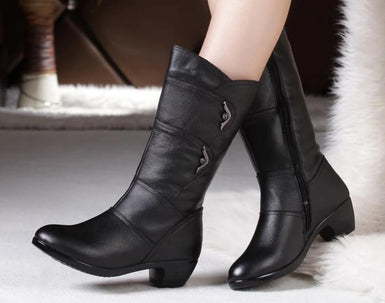 Women's Boots Plush Fur Genuine Leather Mid Calf Round Toe