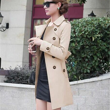 Women's Slim Charm Double Breasted Long Turn Down Collar Solid Pattern Trench