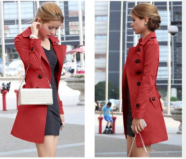 Women's Slim Charm Double Breasted Long Turn Down Collar Solid Pattern Trench