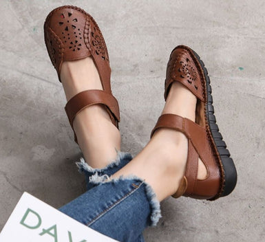 Hollow Genuine Leather Breathable Soft Flat Sandals Summer Women Casual Solid Buckle Strap