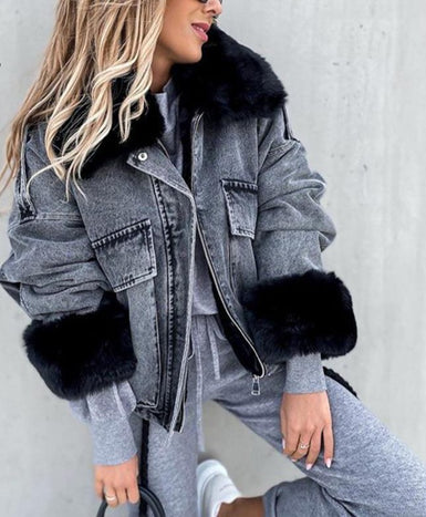 Winter Faux Fox Fur Collar Jacket Denim Women Elegant Big Pockets Jacket