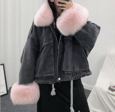 Winter Faux Fox Fur Collar Jacket Denim Women Elegant Big Pockets Jacket